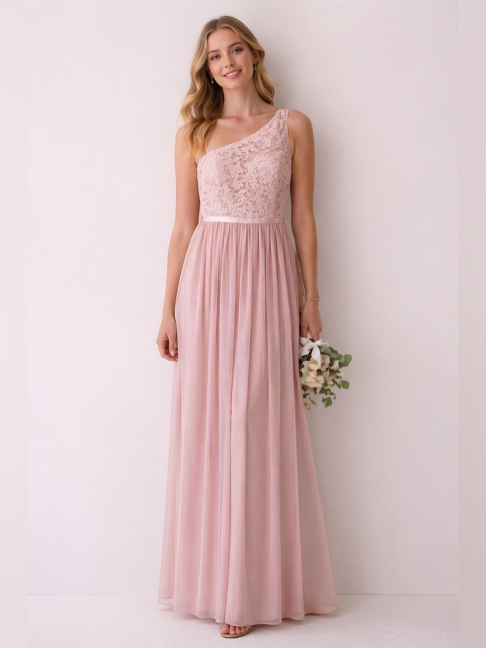 David’s Bridal Cameo Pink One Shoulder Lace Chiffon Gown Size 10 Formal Dress